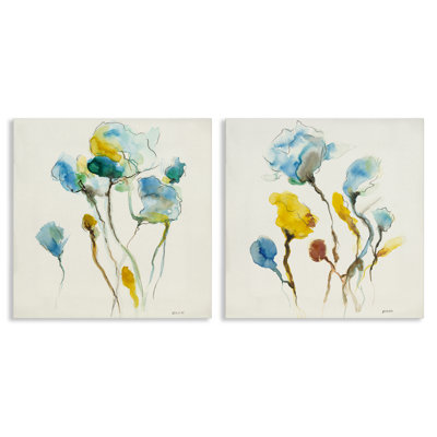"Watercolor Teal & Yellow Flowers", ensemble de 2 toiles murales par Patti Mann