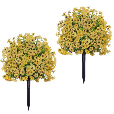 Yellow Artificial Bushes with Ground Spike (Set of 2) - UV Resistant Fabric Faux Shrubs for Garden, Porch, Patio or Indoor Use