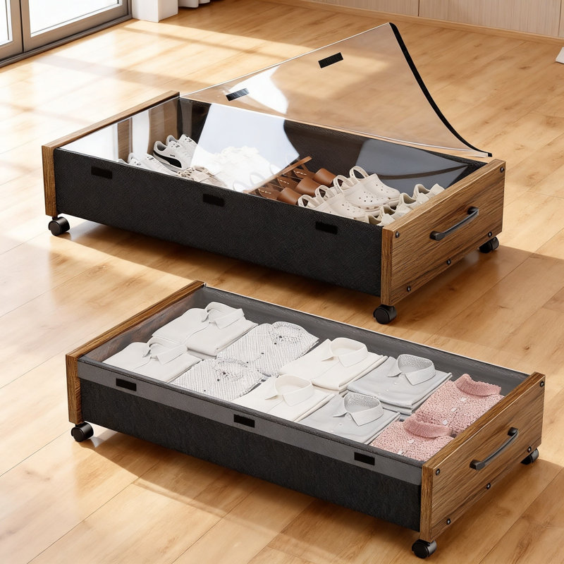 Rangement sous le lit avec roulettes, très grands bacs de rangement sous le lit à roulettes avec couvercle amovible, tiroirs en métal améliorés pour les couvertures de chaussures dans la chambre à coucher, paquet de 2 (brun noyer)