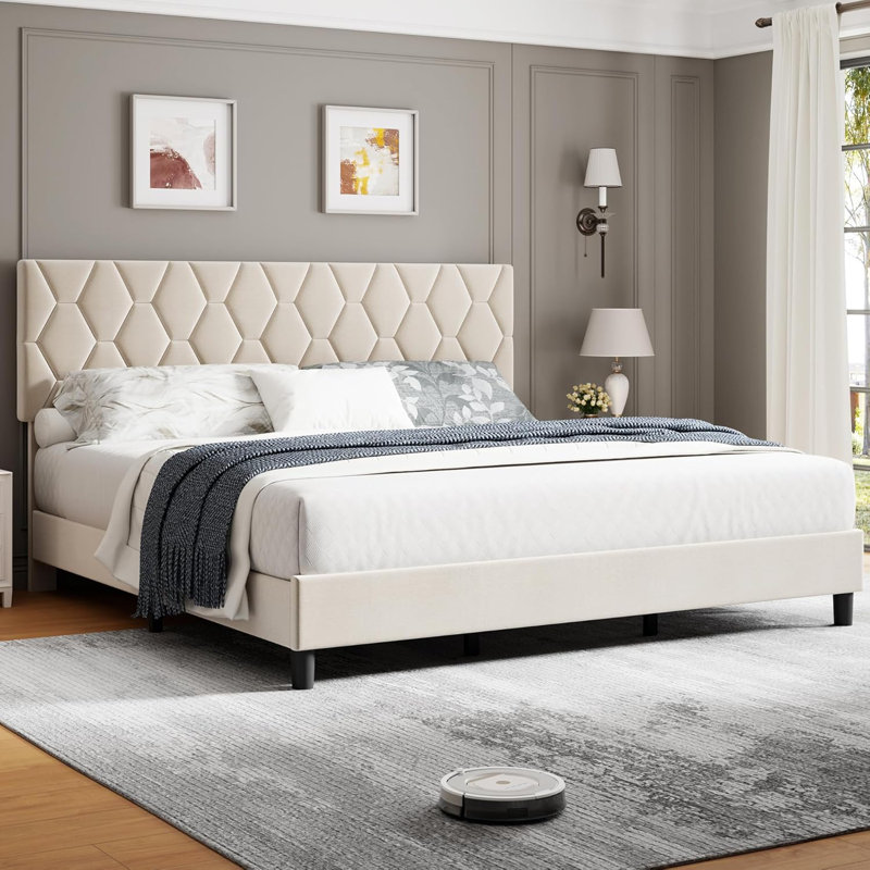 Heavy-Duty Platform Bed Frame with Strong Wood Slats, Beige, Full