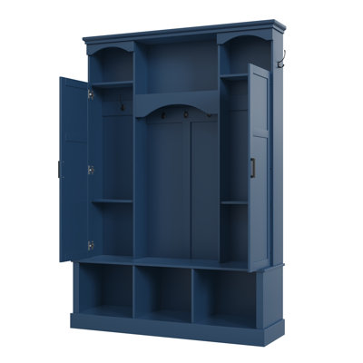 ON-TREND Modern All-in-One Hall Tree with Adjustable Shelves, Classic Arched Farmhouse Storage Bench with Dual Side Cabinets, Elegant Entryway Organizer with 7 Hooks for Mudroom, Hallway