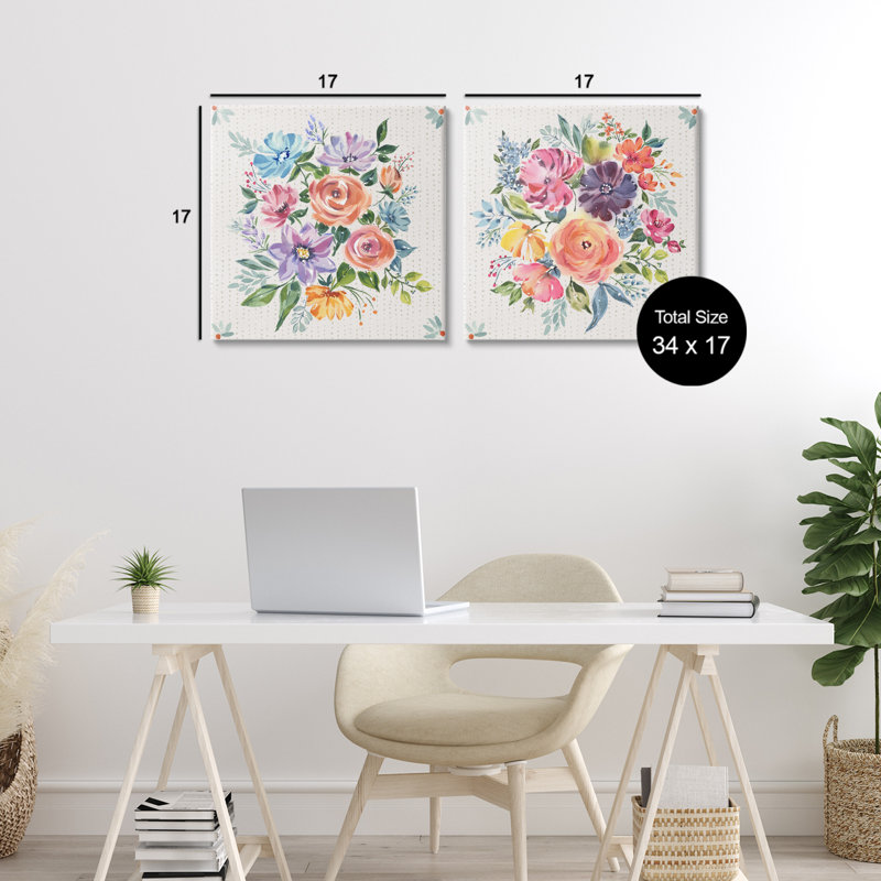 Ensemble de 2 toiles rétro à motif floral, design par Jenny Faw, H 17 po x l 17 po