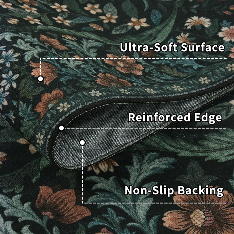 Washable Area Rug - Vintage Boho Botanical Low-Pile Rug, Black, Runner 2' x 10'