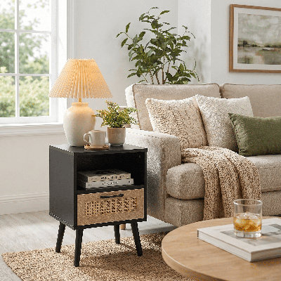 15 Inch Boho Rattan Side Table With Drawer