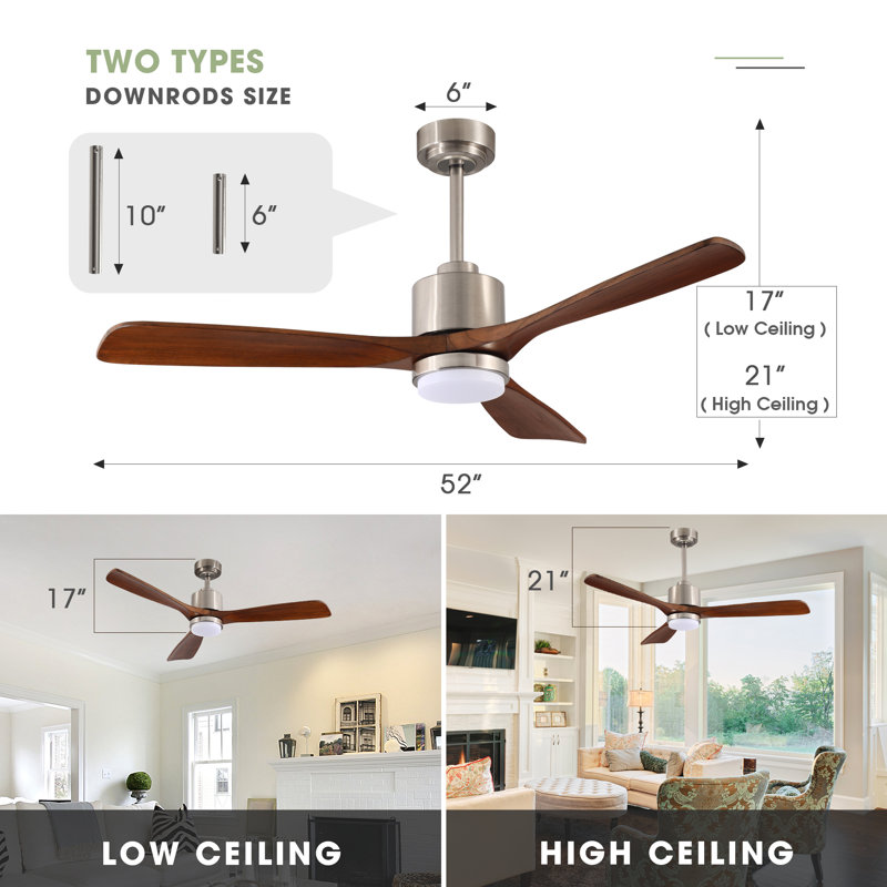 Frankin 52'' Solid Wood Ceiling Fan with LED Lights, Silver with Brown Blades