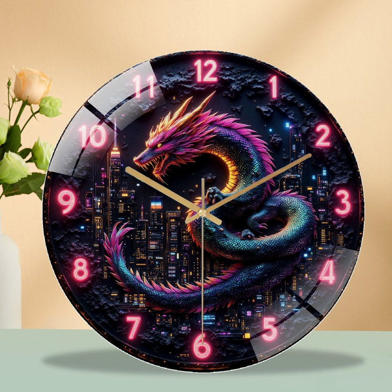 Horloge murale silencieuse en verre trempé de 30 cm, « Horloge murale néon dragon », sans tic-tac, fonctionne avec des piles (piles AA non comprises), décoration artistique pour la maison