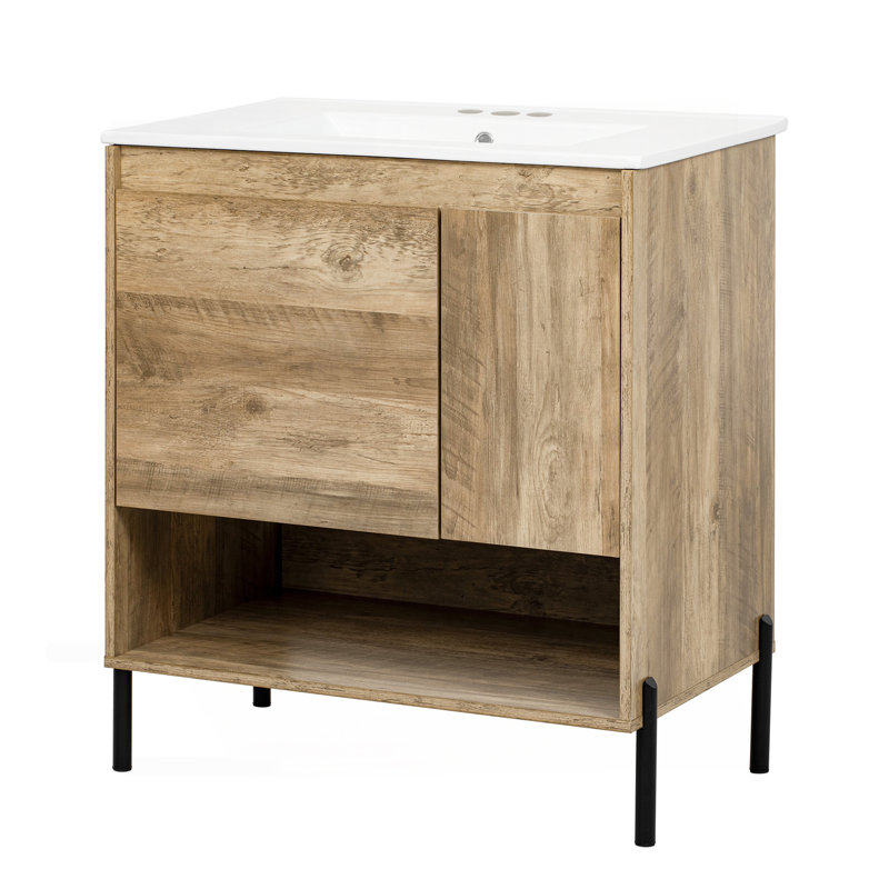 Meuble-lavabo moderne en bois de 30 po, armoire de salle de bain avec tiroir coulissant, armoire de rangement de salle de bain avec lavabo en céramique, meuble-lavabo simple avec portes et tablette ouverte