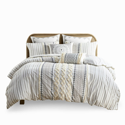 Full/queen Cotton Chenille Bedding - Inspired Print, Solid Reverse, 2 Overlap Opening Shams, Warm Look Soft