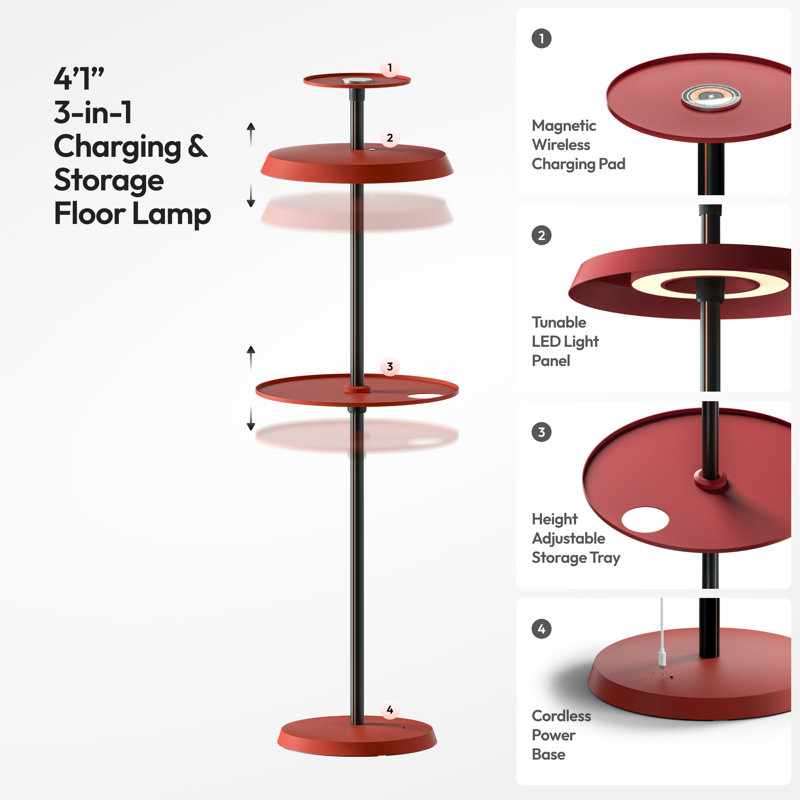 GEEK 49.2'' Modern 3-in-1 Charging & Storage Floor Lamp with Magnetic Wireless Charging Red, Hematite