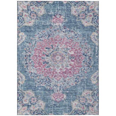 Tapis intérieur lavable 8 pi x 10 pi bleu à motif de médaillons floraux
