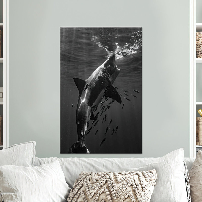 Art de toile de requin agressif: impression murale de loft imprimé, cadeau unique d'homme des cavernes, 1P or encadré