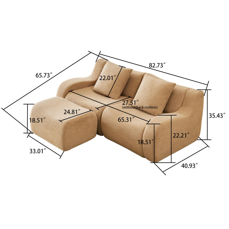 Canapé modulaire rembourré en tissu 2 pièces avec repose-pieds, Combinaison chameau, H 35,43 po x l 82,73 po x P 65,73 po