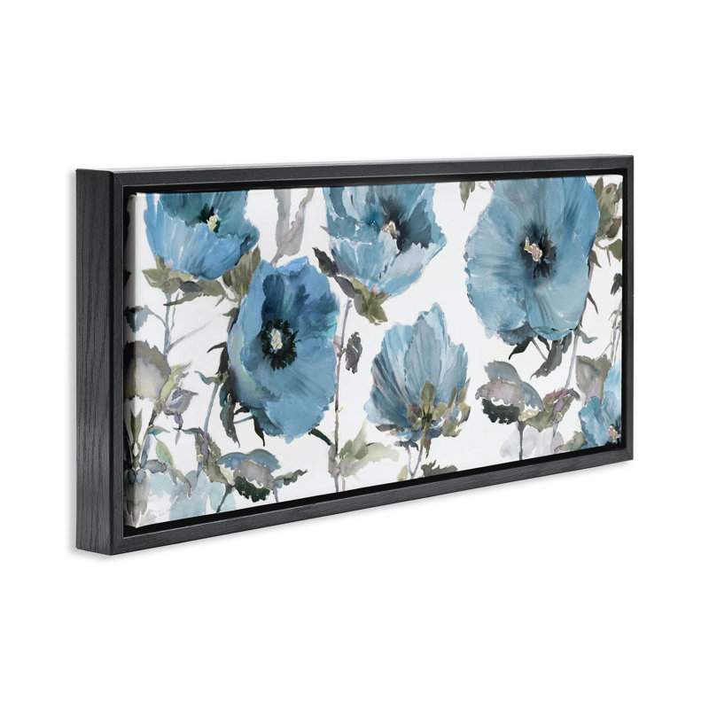 Coquelicots bleus, H 14 po x l 31 po, Cadre flottant noir de jais