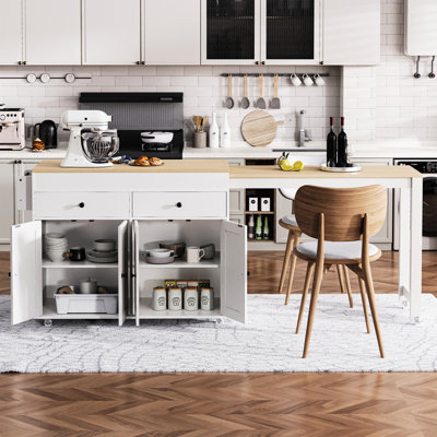 Îlot de cuisine de 74,5 po avec table extensible de 27 po, îlot de 44 po x 19,75 po, 2 tiroirs, étagère à épices et 7 roues verrouillables, armoire de salle à manger blanche à 4 portes, étagère à roues pivotantes