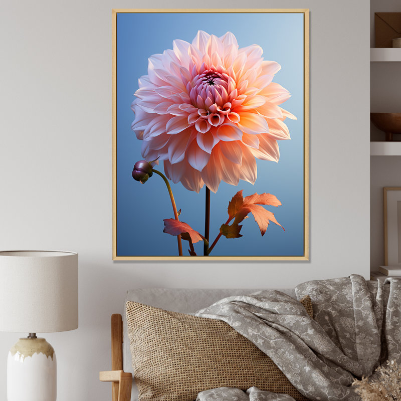 Corail et dahlia bleu dansant II - impression, H 20 po x l 12 po x P 1 po, Cadre naturel flottant