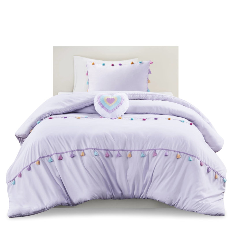 Édredon pour lit simple avec 2 taies décoratives et coussin en forme de cœur - Microfibre lavande avec pampilles