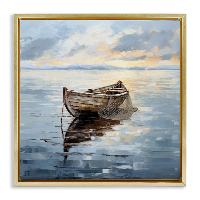 Peinture d'un bateau de pêche, Cadre flottant métallique doré, H 18 po x l 18 po