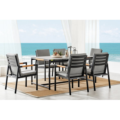 Urgeon 7 Piece Outdoor Dining Set in Aluminum and Teak with Cushions