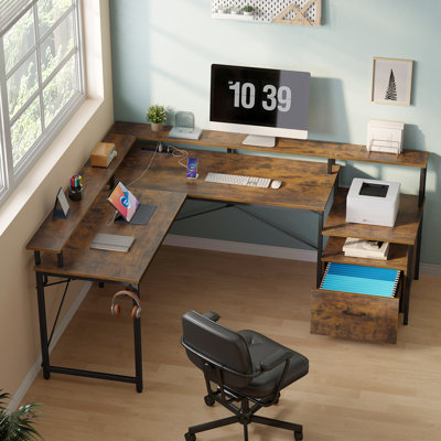 Bureau en L avec tiroir classeur, bureau d'ordinateur réversible avec prises de courant et lumières DEL