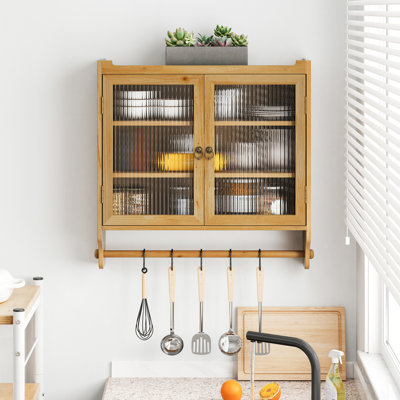 Armoire murale de 24,8 po avec porte en verre rétro avec trois rangements et porte-serviettes, idéale pour la salle à manger, la cuisine, la salle de bain, le colorant pour bois naturel, le verre massif, la solution d'assemblage rapide à double profondeur