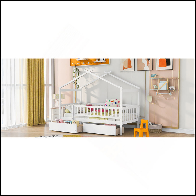 Lit en bois avec deux tiroirs, White