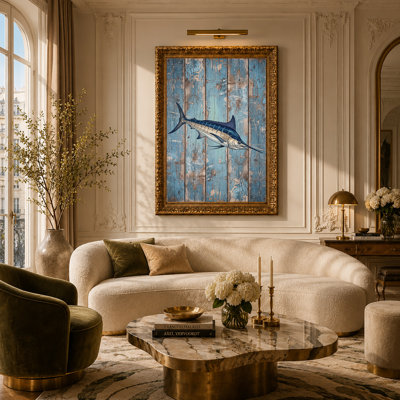 Impression sur toile marlin bleu sur bois de grange bleu patiné