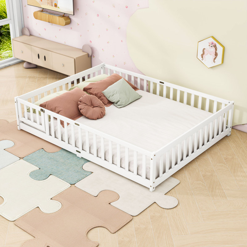 Queen Size Floor Bed With Guardrails And Slats, White