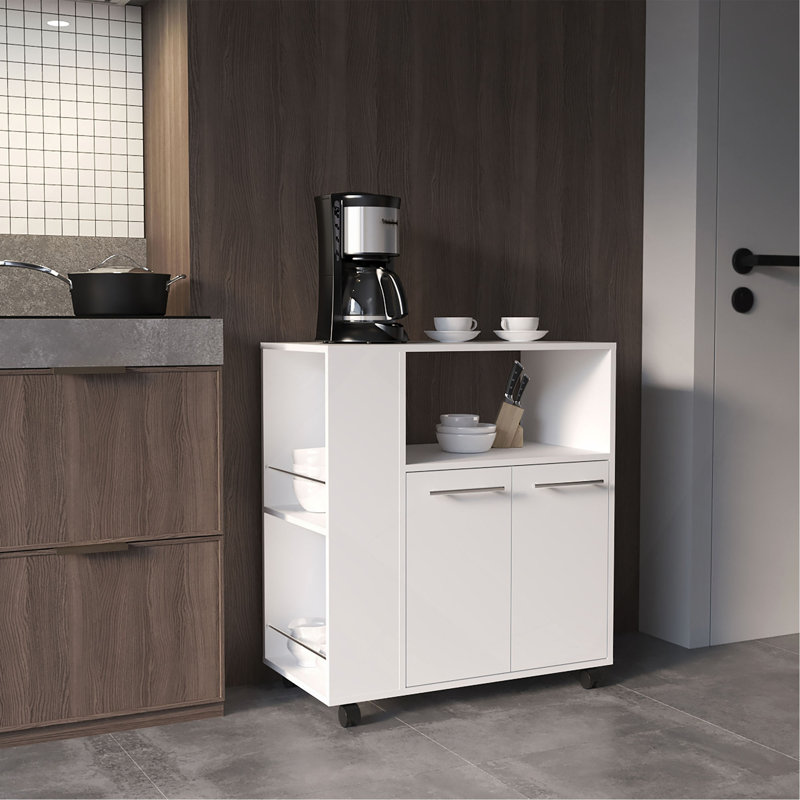 Chariot d'armoire à deux portes avec quatre tablettes, tablettes latérales, armoire et rangement pour la cuisine, White
