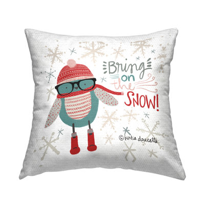 Bring On The Snow Happy Patterned Blue Bird Outdoor Printed Pillow by Katie Doucette