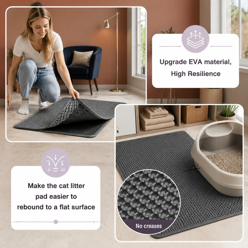 This gray 2-pack includes 26.6 x 16 in double-layer litter box mats with waterproof, urine-proof, non-slip, and leakproof protection; soft durable EVA resists scratches, traps litter, and lifts easily for cleaning with less mess.