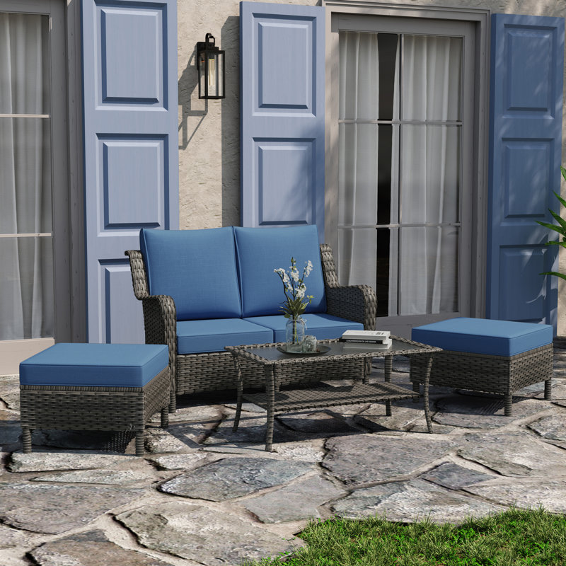 Ensemble de conversation d'extérieur 5 pièces avec coussins et table en verre Stevette, Bleu foncé, Brun grisâtre