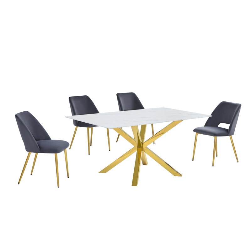 Ensemble de salle à manger 63 "x 39" en verre avec revêtement en marbre et chaises d'appoint en velours, 5, Gris