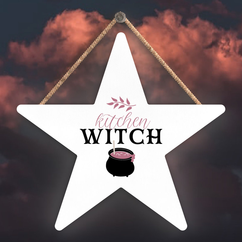 Kitchen Witch Cauldron Wooden Star Plaque, White