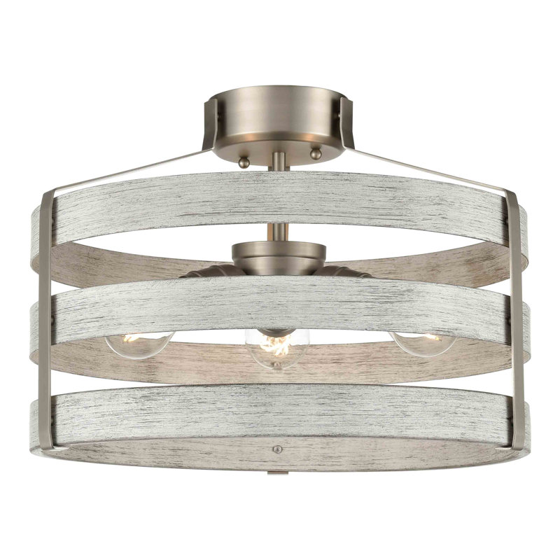 Plafonnier semi-encastré tambour en cage 17" 3 lumières Antonito, Nickel poli / bois de bouleau