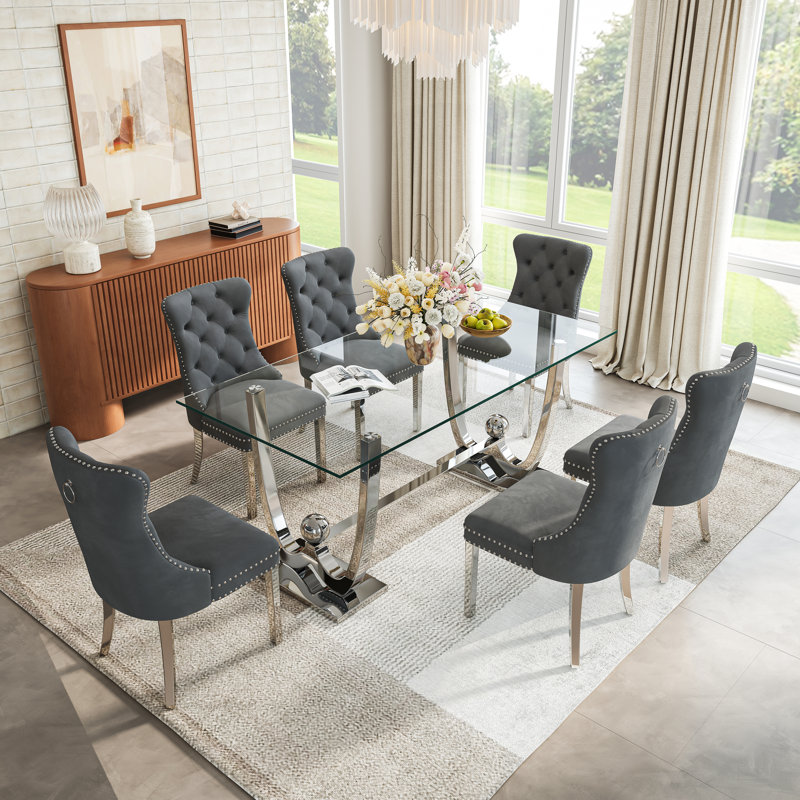 68.9" Rectangular Glass Dining Table Set, Tempered Glass Top, Polished Stainless Steel W-Shaped Base, Velvet Tufted Chairs With Nailhead Trim, Stainless Steel Legs