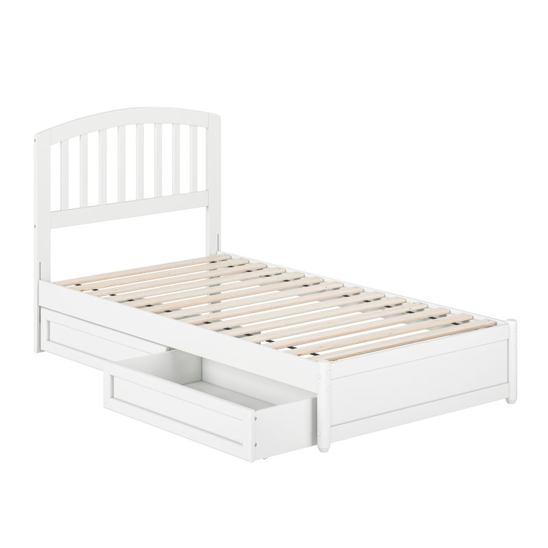 Lit plateforme en bois massif avec pieds de lit et tiroirs de rangement Lamari, Blanc, Simple