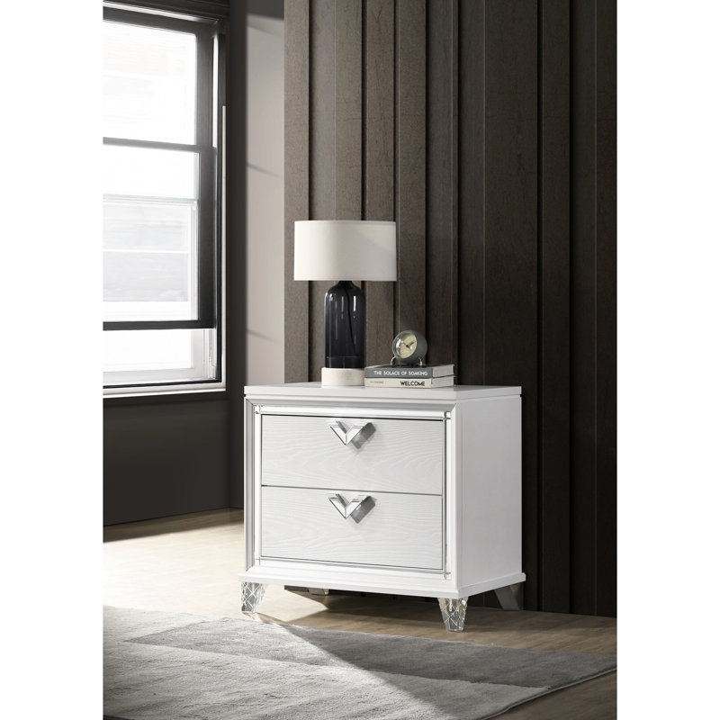 Table de chevet de chambre à coucher de style moderne avec 2 tiroirs, poignées à DEL et en forme de V en blanc 2