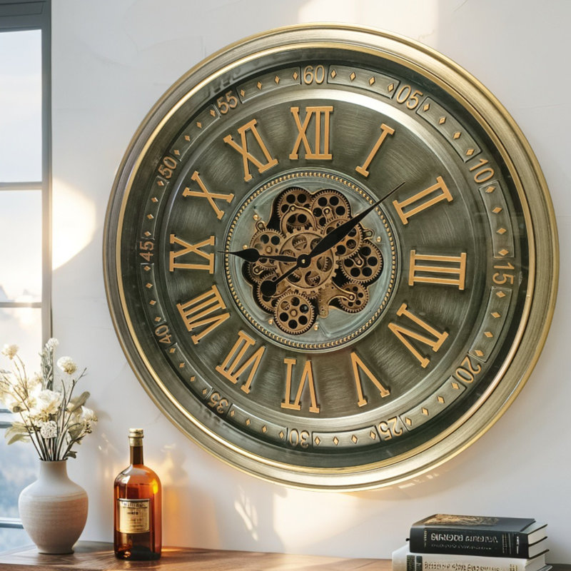 The Gear IR-LI_ 32" Round "CORK" BRASS-ANTIQUE Real Moving Gear Wall Clock