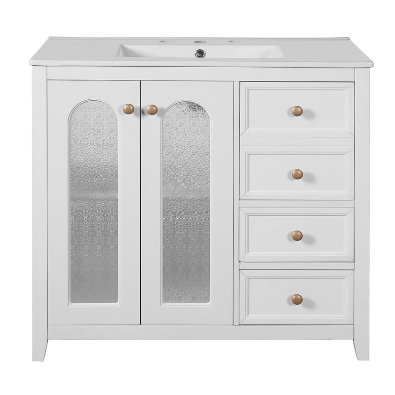 Meuble-lavabo de 36,02 pouces avec deux portes à fermeture douce, des tablettes réglables et trois tiroirs
