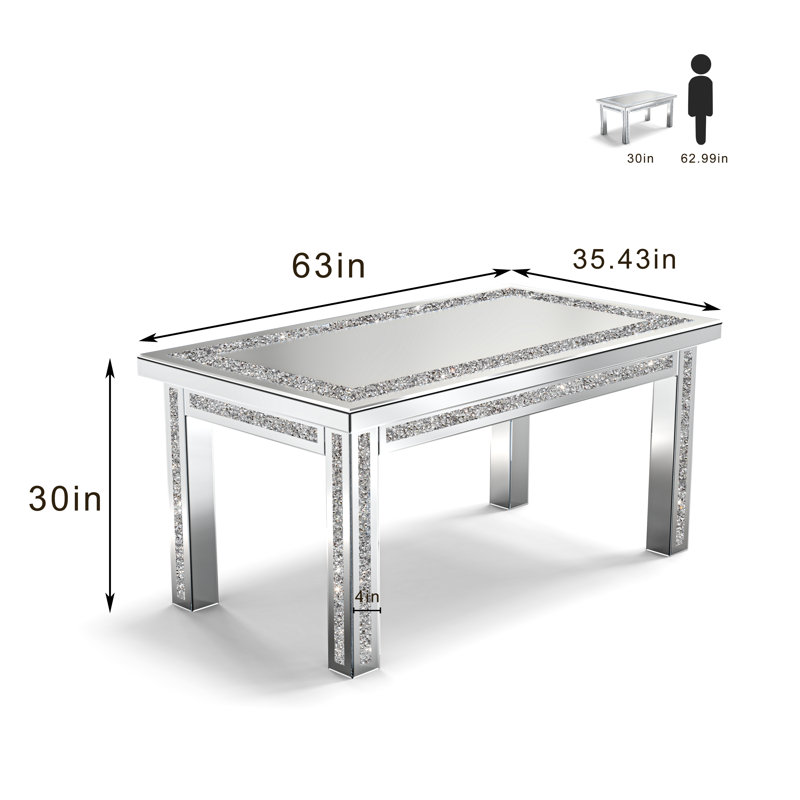 DeGrailly 63" Modern Dining Table Mirrored Glass Top with 4 Legs Glam Faux Crystal Inlay