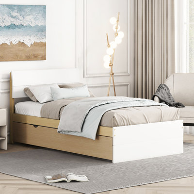 Twin Bed Frame With Elegant White High Gloss Headboard, And Practical Oak Trundle Glossy Headboard , Space For Bedroom