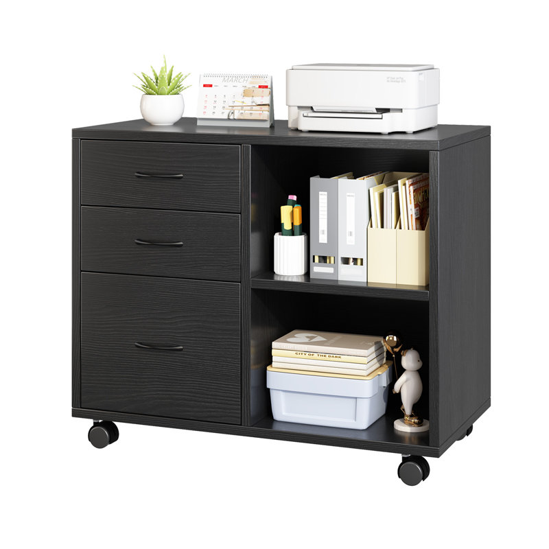31.18''Wide 3-Drawer Rolling File Cabinet With Shelves, Black