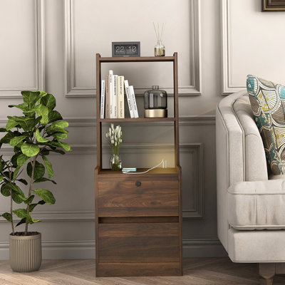 Nightstand With Charging Station, Smart Nightstand With Night Light, Modern Night Stand With Bookshelf, Bedside Tables With Storage Cabinet For Bedroom, Wood