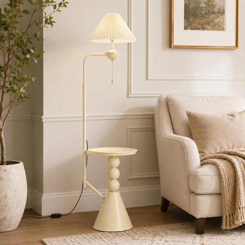 Cream Floor Lamp with Built-in Side Table, Adjustable Height Standing Light