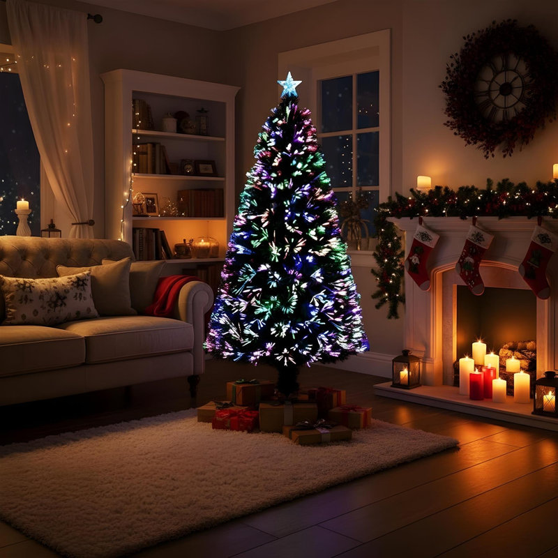 3ft to 6ft Fibre Optic Christmas Tree with Multicolour LED Lights and Metal Stand, 3 ft.