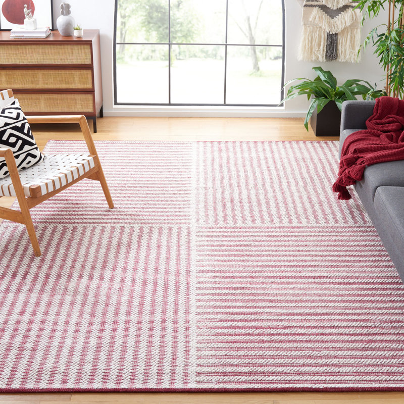 Isatou Hand Woven Wool/Cotton Striped Rug in Red/Ivory, Rectangle 8' x 10'