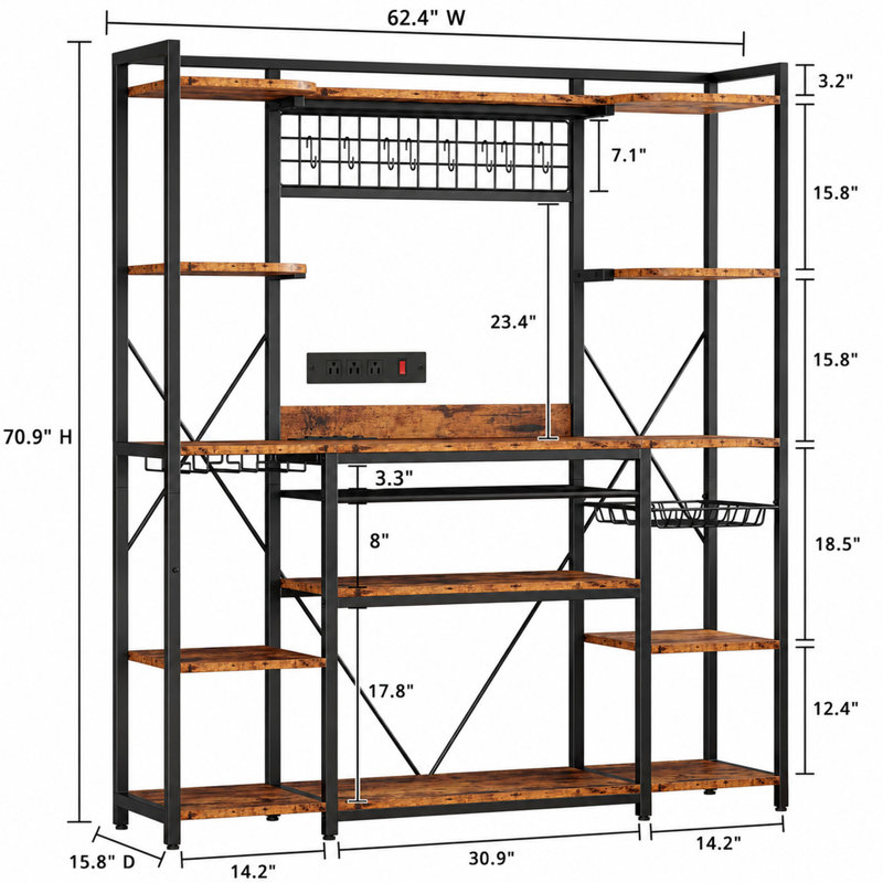 Étagère de boulanger 62,4 po avec prises de courant et rangement pour le vin