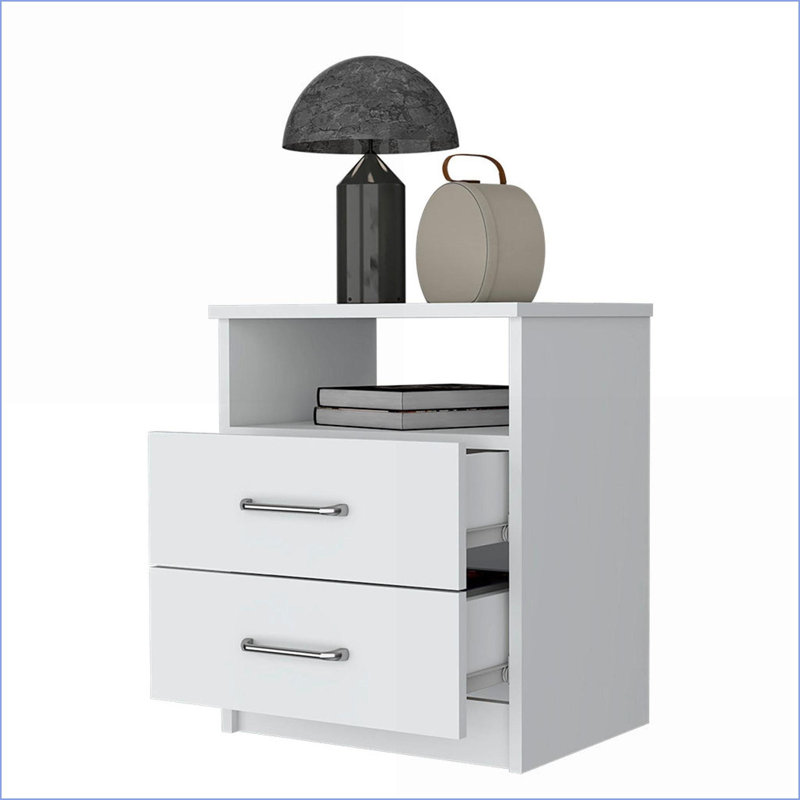 Table de chevet avec deux tiroirs Une tablette ouverte | 19,9 po de hauteur | Blanc | Bois d'ingénierie, Blanc