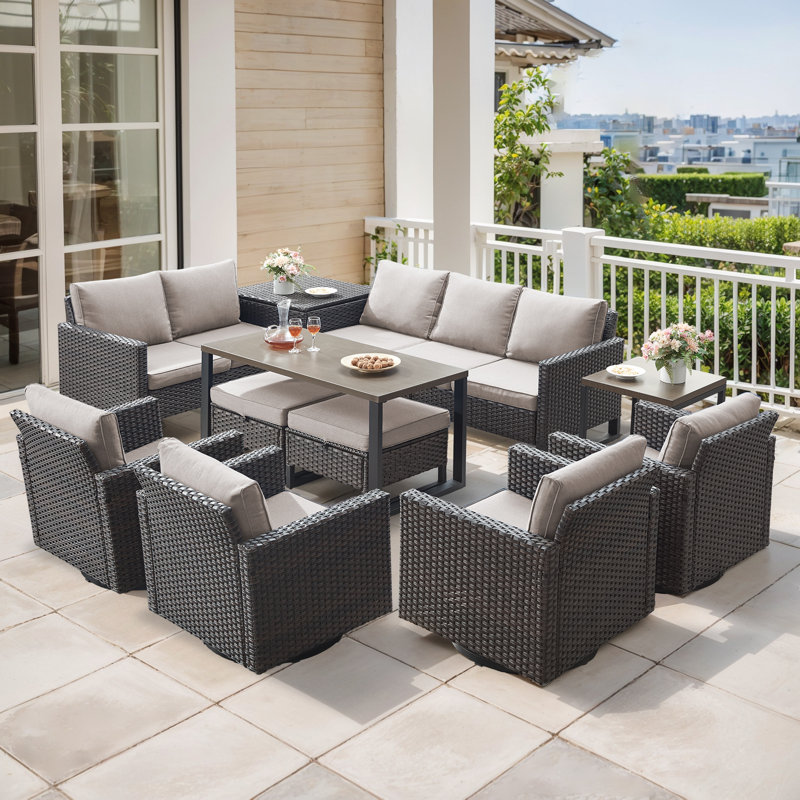 Ingvald 9 Person Outdoor Courtyard Wicker Family Conversation Set Group With Swivel Chairs And Storage, Beige