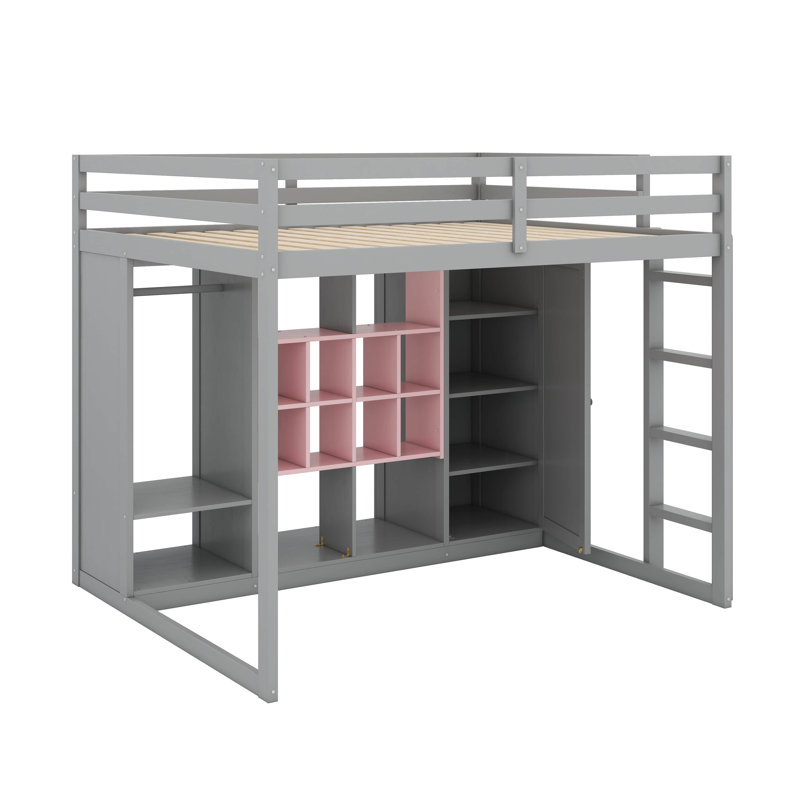 Lit mezzanine en bois pleine grandeur avec garde-robe, tablettes et armoire, Gris / Rose